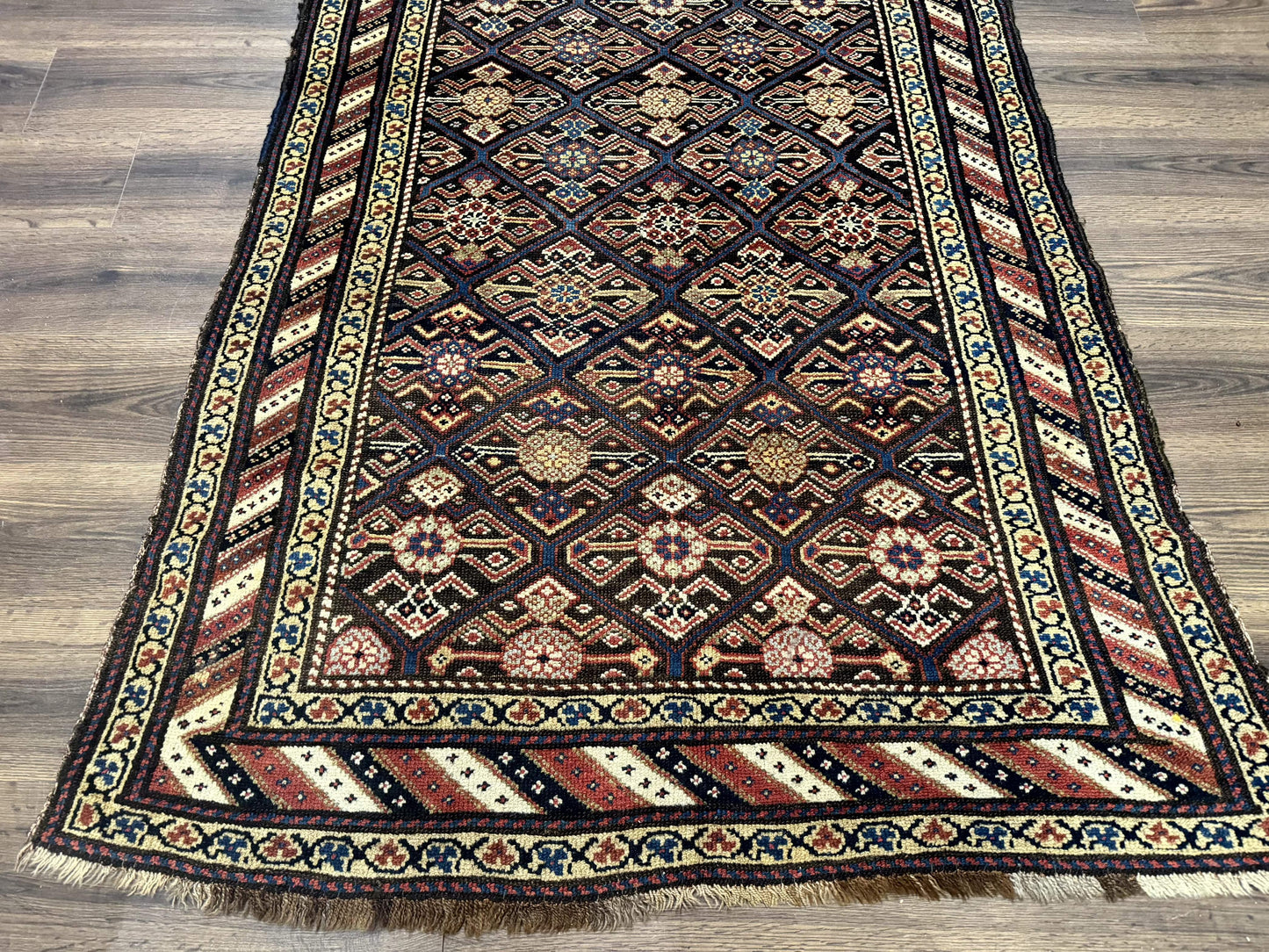 Antique Persian Wide Runner Rug 4x9, Kurdish Rug, Panel Design, Rainbow Border, Rare Tribal Rug - Nuvé