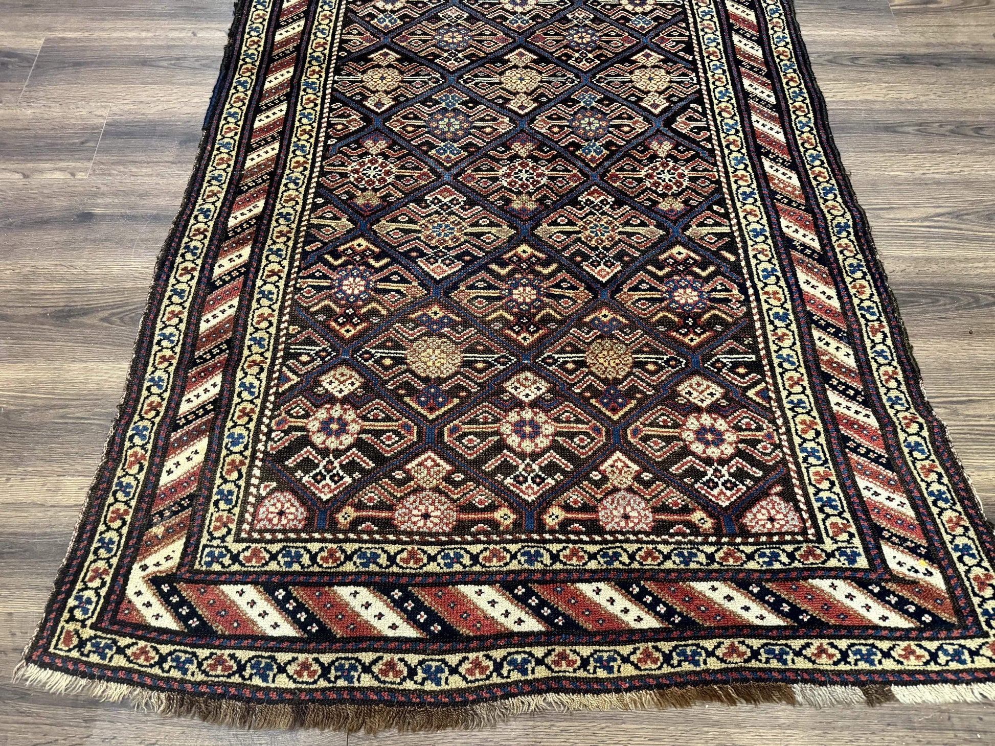 Antique Persian Wide Runner Rug 4x9, Kurdish Rug, Panel Design, Rainbow Border, Rare Tribal Rug - Nuvé