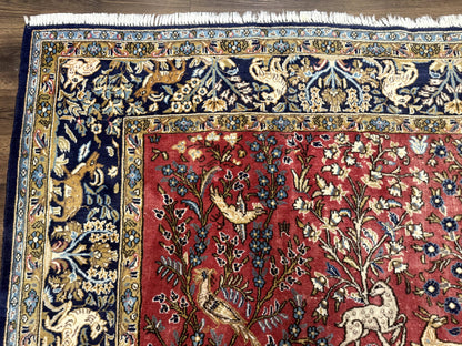 Persian Qum Rug 9x12, Animal Pictorials, Deer Birds, Tree of Life, Red and Navy Blue - Nuvé
