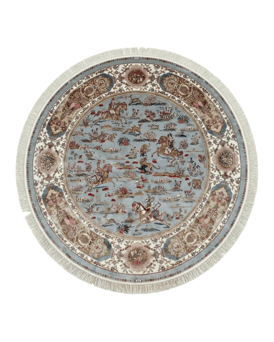 Round Silk Rug 6x6, Hunting Design, Bamboo Silk, Animal Pictorials