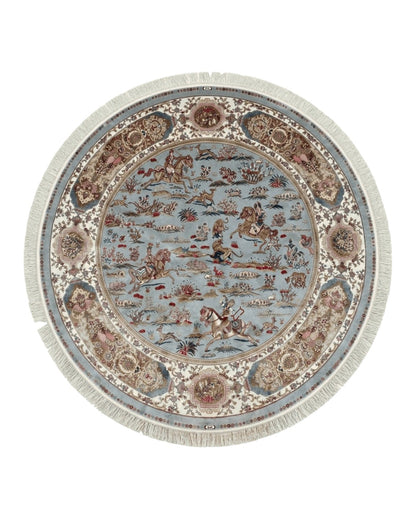 Round Silk Rug 6x6, Hunting Design, Bamboo Silk, Animal Pictorials