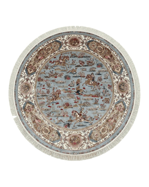 Round Silk Rug 6x6, Hunting Design, Bamboo Silk, Animal Pictorials