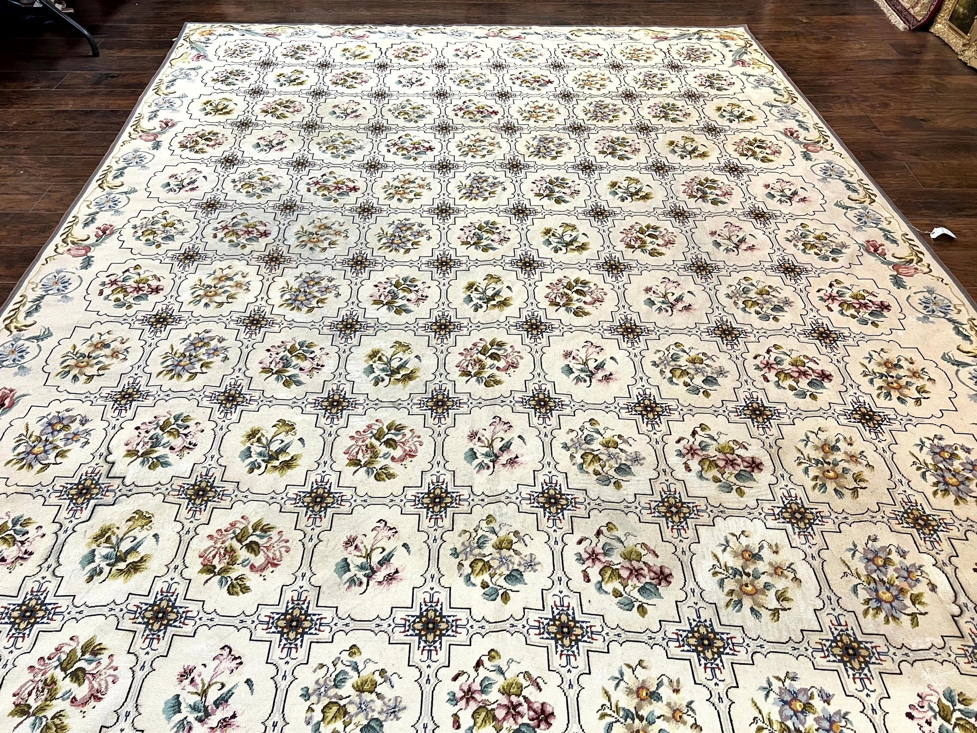 Needlepoint Rug 10x14, Wool Handmade Vintage Needlepoint Carpet, Floral Panel Design, Ivory/Cream - Nuvé