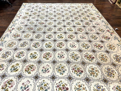 Needlepoint Rug 10x14, Wool Handmade Vintage Needlepoint Carpet, Floral Panel Design, Ivory/Cream - Nuvé