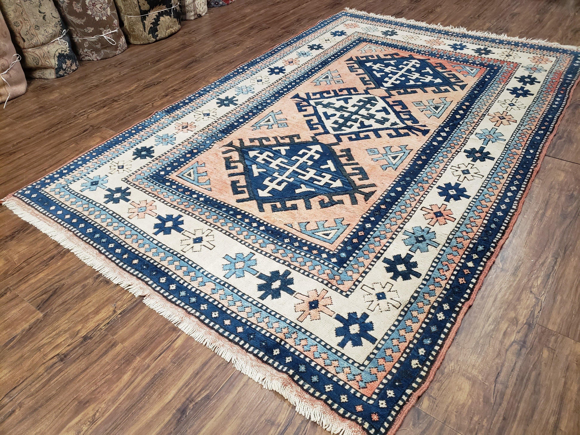 Turkish Kazak Rug 5x8 ft, Bold Geometric Bohemian Carpet, Blue and Ivory Hand Knotted Area Rug, Medium Sized High Quality Wool Oriental Rug - Nuvé
