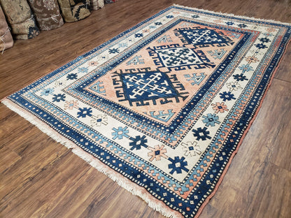 Turkish Kazak Rug 5x8 ft, Bold Geometric Bohemian Carpet, Blue and Ivory Hand Knotted Area Rug, Medium Sized High Quality Wool Oriental Rug - Nuvé