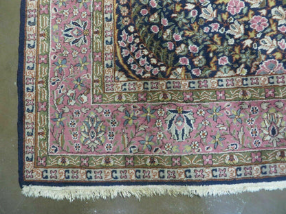 Turkish Sivas Rug 7x11, Navy Blue & Pink, Millifluer Floral Wool Carpet, Vintage - Nuvé