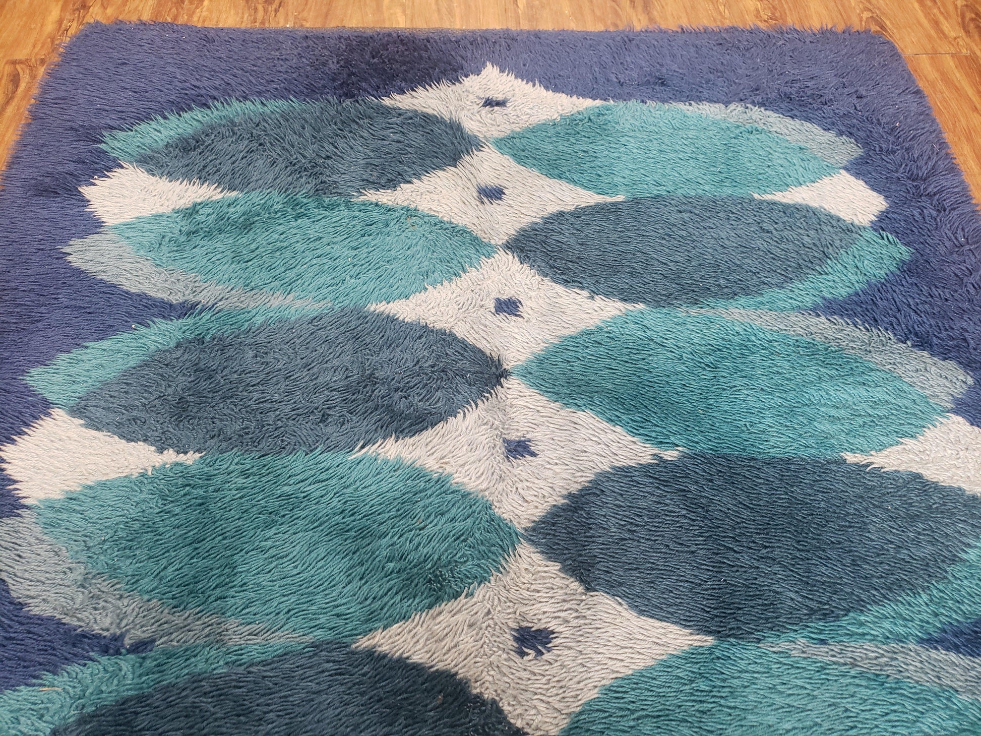 Blue Rya Rug, 1960s Mid-Century Danish Shag Rug 4'6" x 6'7", Ege Rya Modern Carpet, Cyan DeLuxe Rya Shag Rug, Vintage Area Rug 4x6, 5x7 Rug - Nuvé