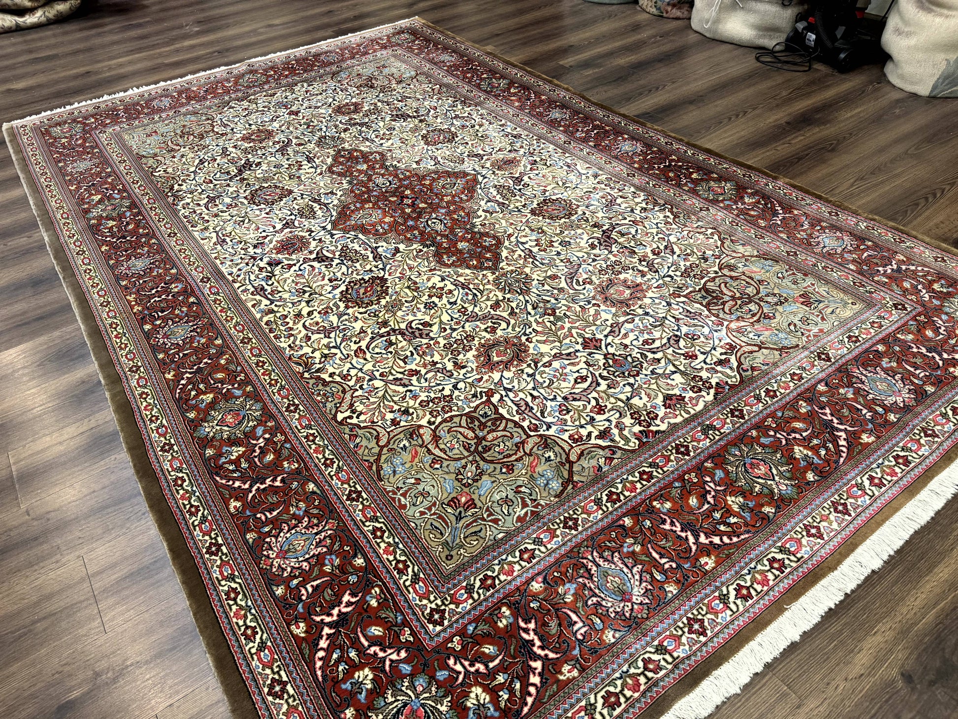 Persian Qum Rug 7x11, Beige and Red, Highly Detailed Floral Pattern, Fine 260 KPSI - Nuvé
