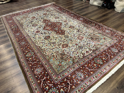 Persian Qum Rug 7x11, Beige and Red, Highly Detailed Floral Pattern, Fine 260 KPSI - Nuvé