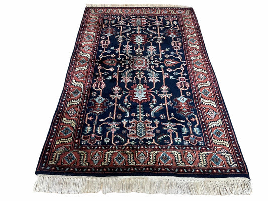 4x6 Vintage Handmade Wool Geometric Rug Organic Dyes Blue Red Hand-Knotted Rug - Nuvé