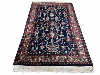 4x6 Vintage Handmade Wool Geometric Rug Organic Dyes Blue Red Hand-Knotted Rug