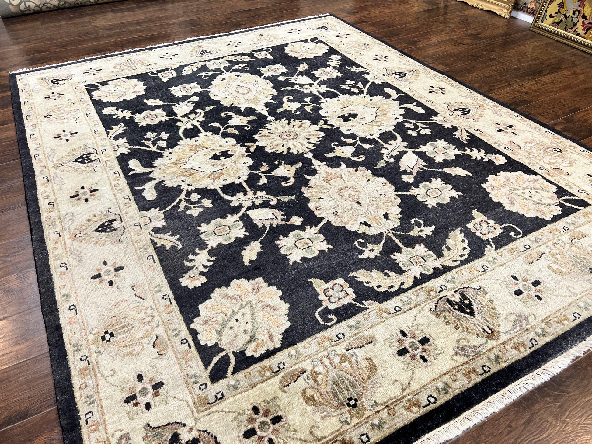 Indo Mahal Rug 8x10, Black and Beige, Vintage Rug 8 x 10 ft, Floral, Handmade Wool Carpet - Nuvé