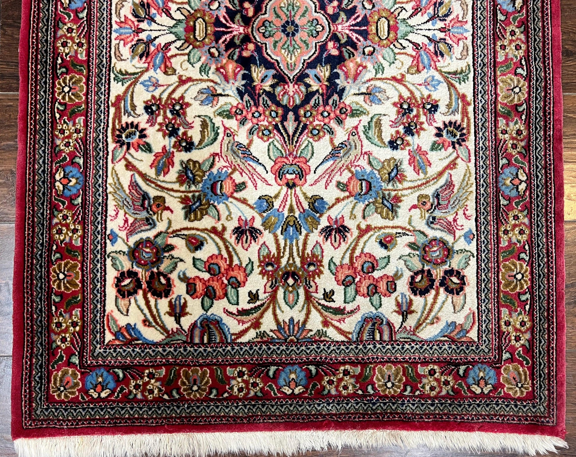 Wonderful Persian Qum Runner Rug 2.8 x 10 ft, Floral Medallions with Bird Motifs, Hand Knotted Wool Fine Oriental 10ft Hallway Runner, Cream Red - Nuvé