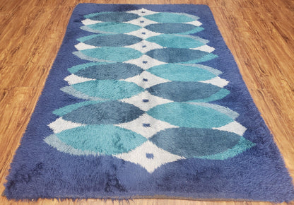 Blue Rya Rug, 1960s Mid-Century Danish Shag Rug 4'6" x 6'7", Ege Rya Modern Carpet, Cyan DeLuxe Rya Shag Rug, Vintage Area Rug 4x6, 5x7 Rug - Nuvé