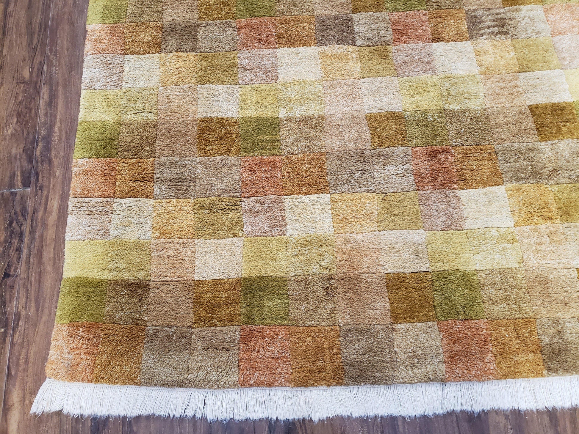 4x6 Tibetan Rug, Modern Abstract Handmade Area Rug, Checkerboard Pattern, Neutral Ivory Gold Tan Colors, Soft Pile, Mid Sized Rug, Nepali - Nuvé