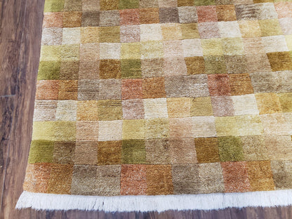 4x6 Tibetan Rug, Modern Abstract Handmade Area Rug, Checkerboard Pattern, Neutral Ivory Gold Tan Colors, Soft Pile, Mid Sized Rug, Nepali - Nuvé
