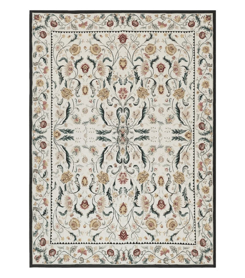 New Needlepoint Rug 9x12, Hand Woven Wool Area Rug, Flatweave Carpet, Handmade Chinese Needlepoint, Floral European Design, Ivory Background