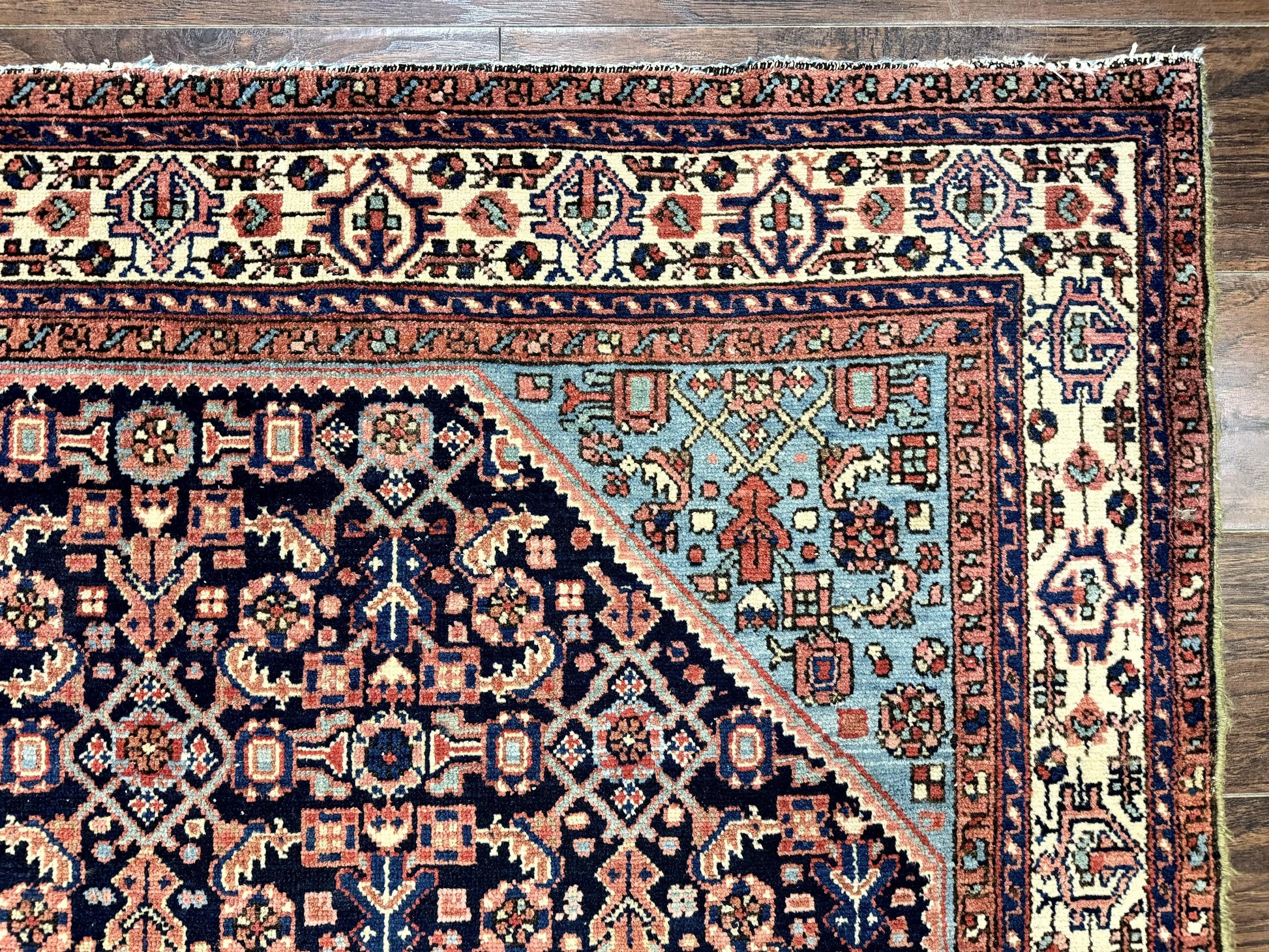 Antique Persian Rug 5 x 6.7, Navy Blue & Ivory, Handmade Persian Wool Carpet, Hamadan Angelas Rug - Nuvé