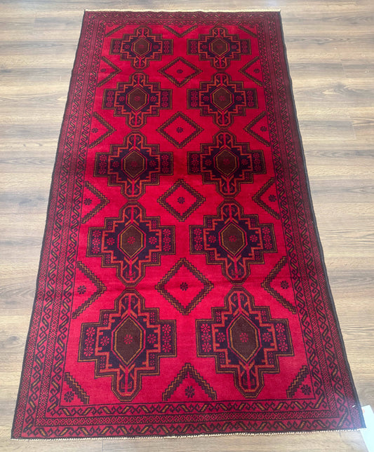 Afghan Rug 4x7, Tribal Carpet, Balouch Rug, Red and Navy Blue, Repeated Medallions, New - Nuvé
