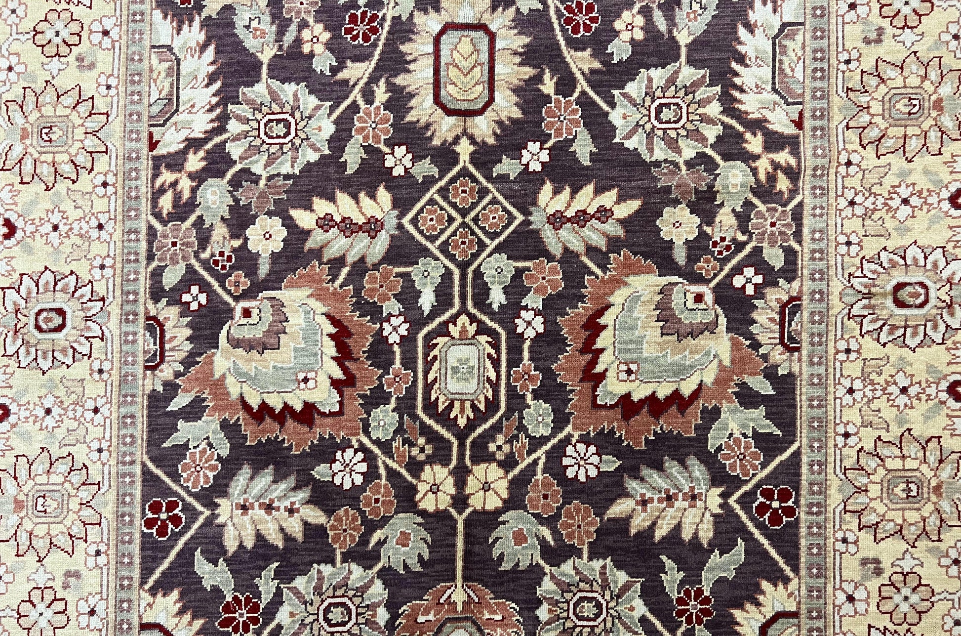 Vintage Indo Mahal Area Rug 6x9, Indian Persian Oriental Carpet 6 x 9, Puce Eggplant Tan Beige Rug, Hand-Knotted, Large Floral Design Wool - Nuvé