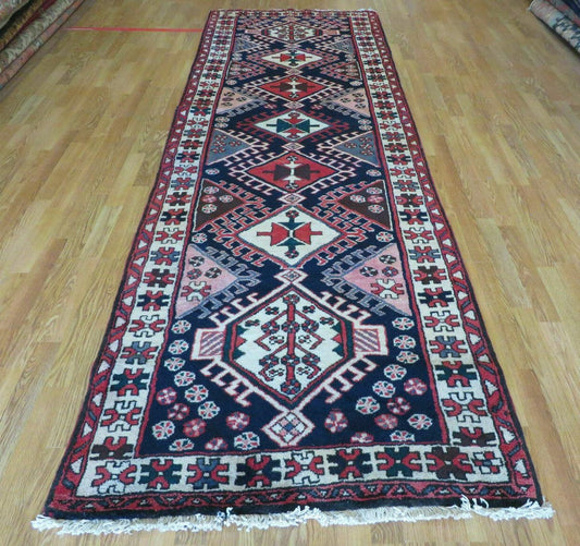 Persian Runner Rug 3.5 x 10.7, Karajeh Heriz Rug, Navy Blue, Geometric Medallions - Nuvé