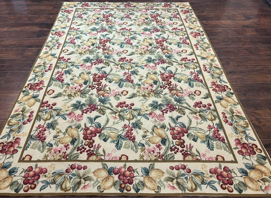 Floral Needlepoint Rug 6x9, Fruits Grapes Allover Floral Design, Beige/Cream Colorful Wool Vintage Needlepoint Carpet, Needlepoint Area Rug - Nuvé