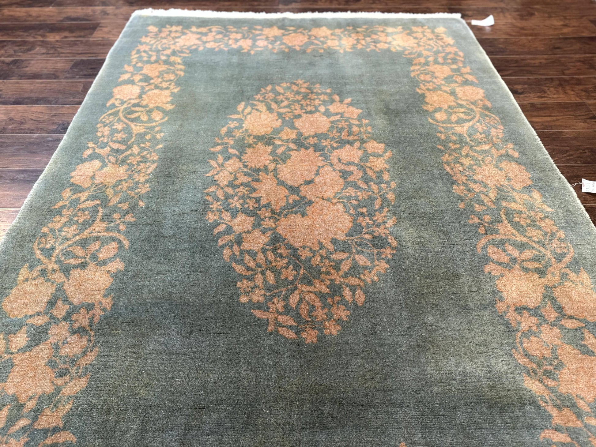 Teal Chinese Wool Rug 6x8, Vintage Handmade Carpet, Floral, Semi Open Field - Nuvé