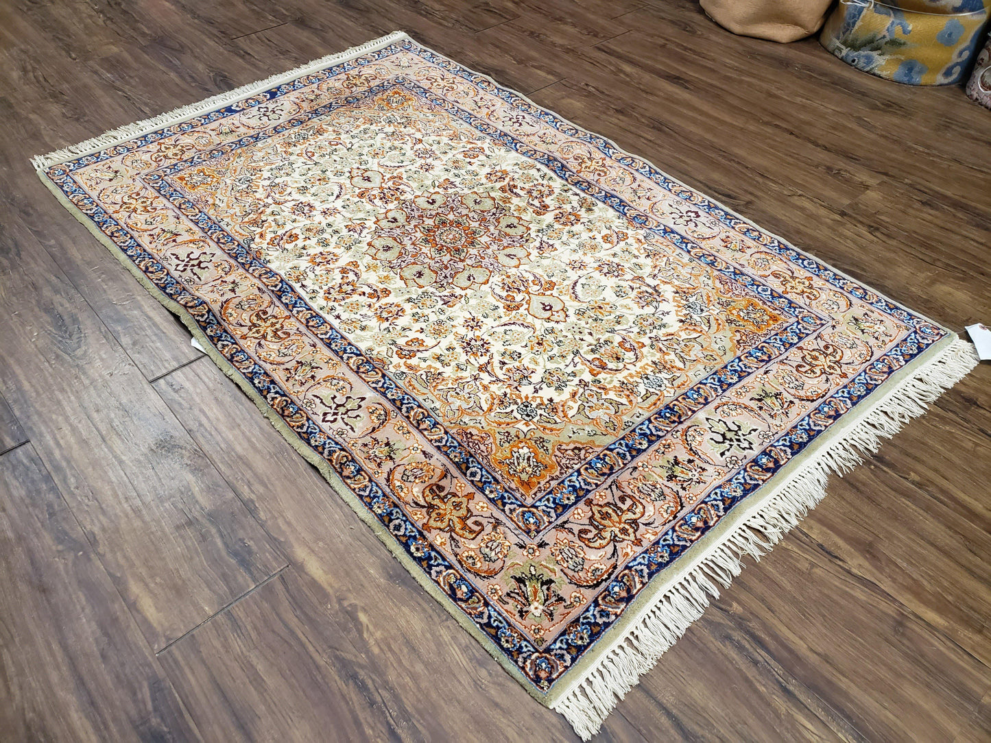 Vintage Persian Isfahan Lachak Toranj Rug, Highly Detailed, Kork Wool on Silk Foundation, Beige and Dark Blue, Hand-Knotted, 3'6" x 5' 4" - Nuvé