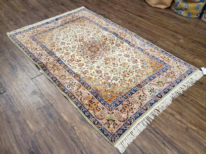 Vintage Persian Isfahan Lachak Toranj Rug, Highly Detailed, Kork Wool on Silk Foundation, Beige and Dark Blue, Hand-Knotted, 3'6" x 5' 4" - Nuvé