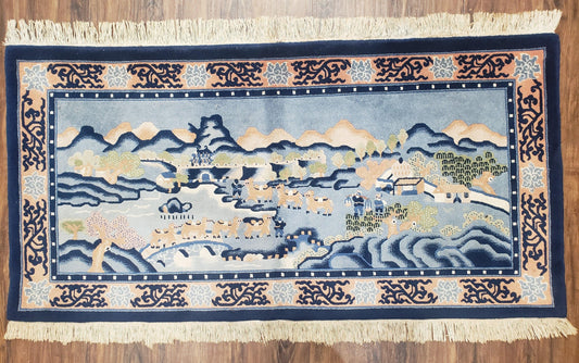 Vintage Chinese Pictorial Rug 2'4" x 4' 7", Chinese Village, Wool Hand-Knotted Blue & Teal Fine Carpet, Tapestry Rug, Woven Wall Art - Nuvé