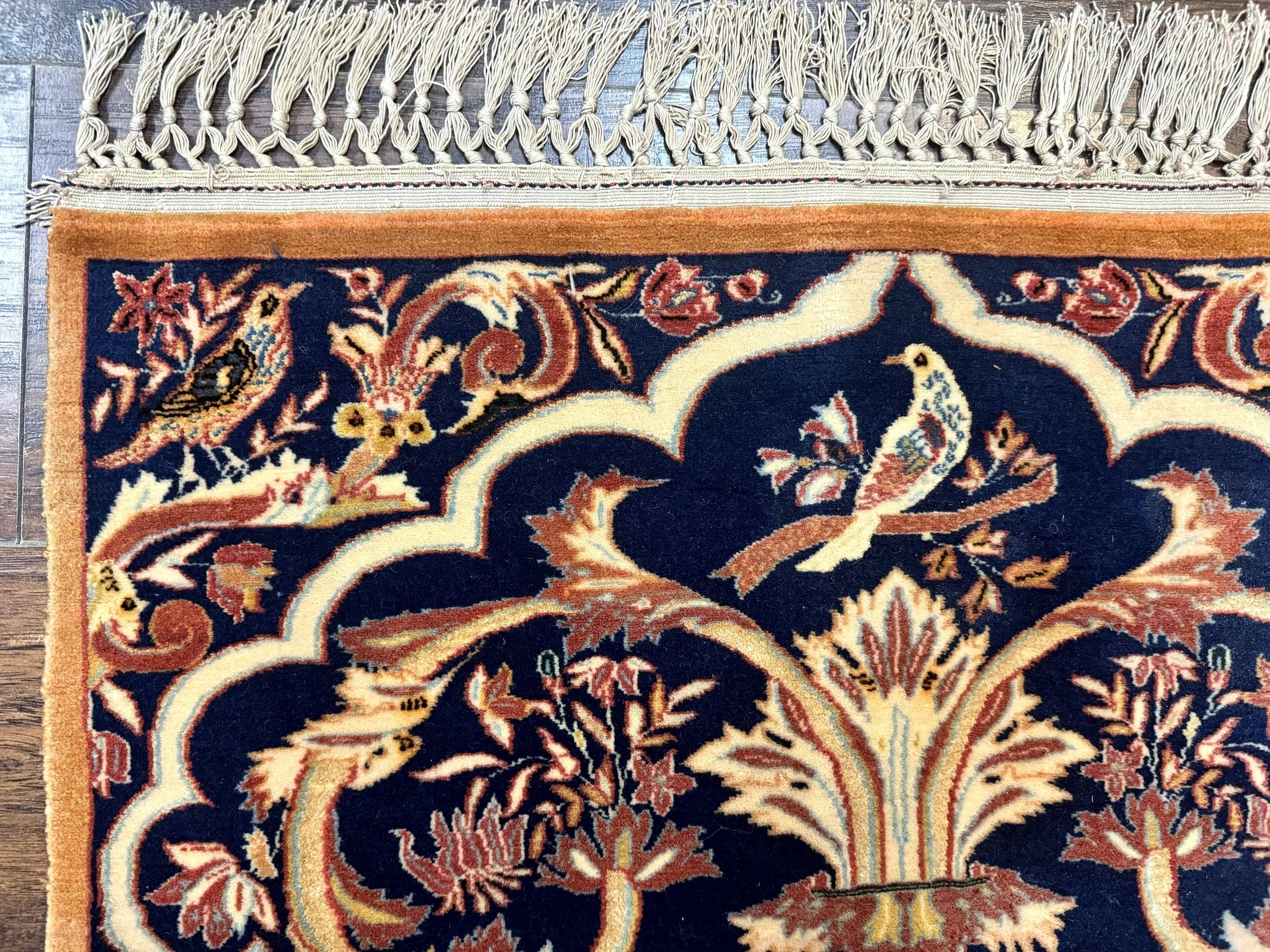 Persian Isfahan Rug 2x4, Birds, Navy Blue, Kork Wool on Silk Foundation, 460 KPSI - Nuvé