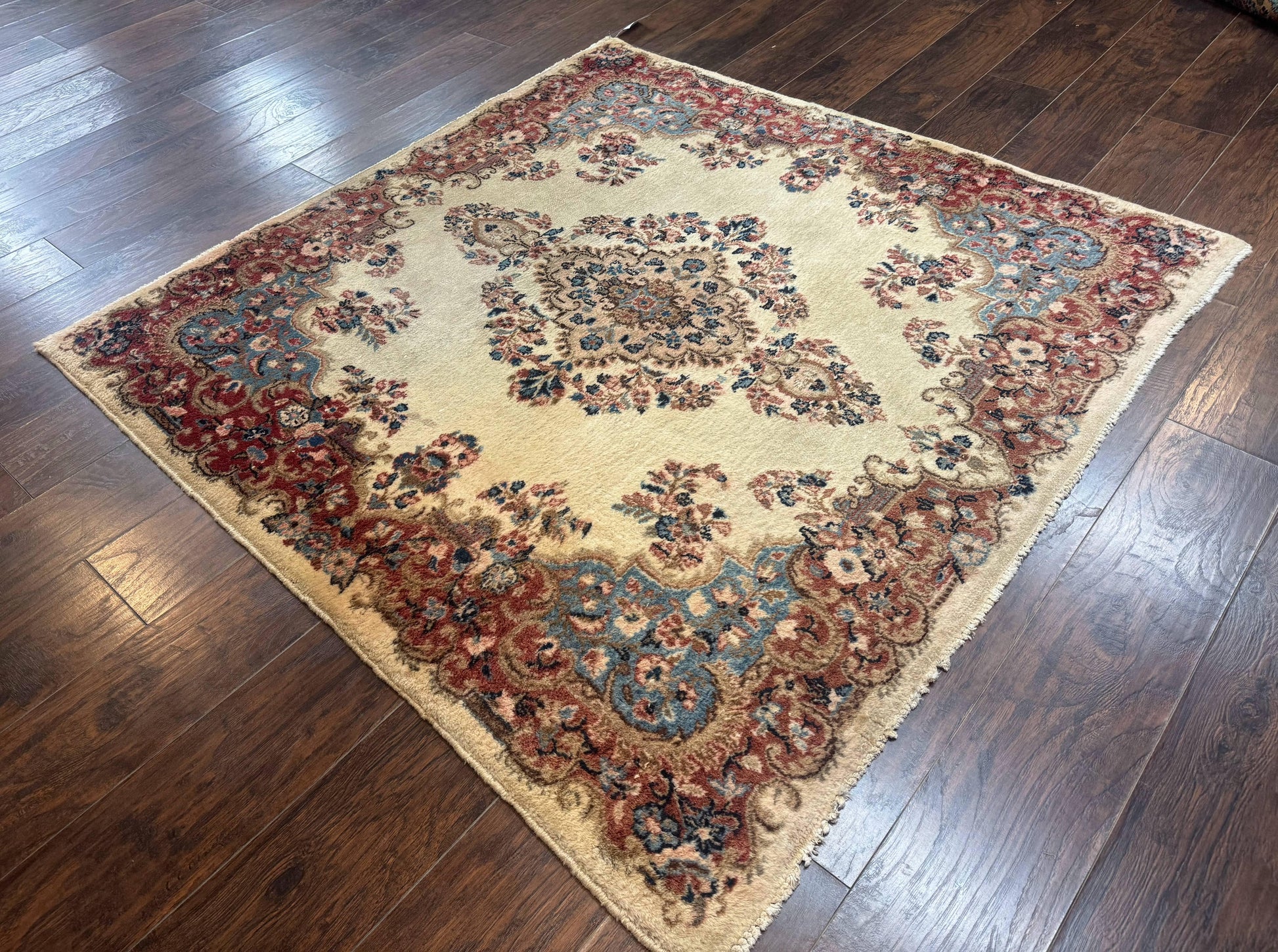 Square Persian Kerman Rug, Beige/Cream and Light Blue, Traditional Persian Rug, 5.5 x 5.5 ft - Nuvé