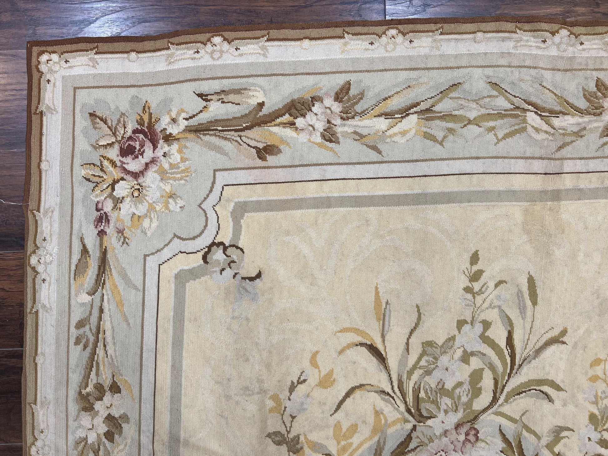 Needlepoint Rug 6x9, Elegant European Design Aubusson Carpet, Vintage Wool Handmade Rug, Light Yellow Ivory - Nuvé