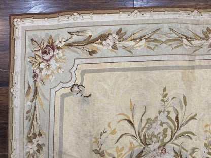 Needlepoint Rug 6x9, Elegant European Design Aubusson Carpet, Vintage Wool Handmade Rug, Light Yellow Ivory - Nuvé