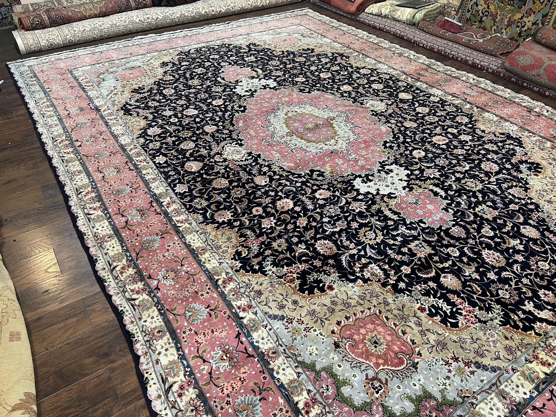 Magnificent Persian Tabriz Rug 11x16, Oversized Persian Carpet 11 x 16 ft, Wool on Silk Finely Hand Knotted, 450 KPSI, Floral Medallion, Black Pink - Nuvé