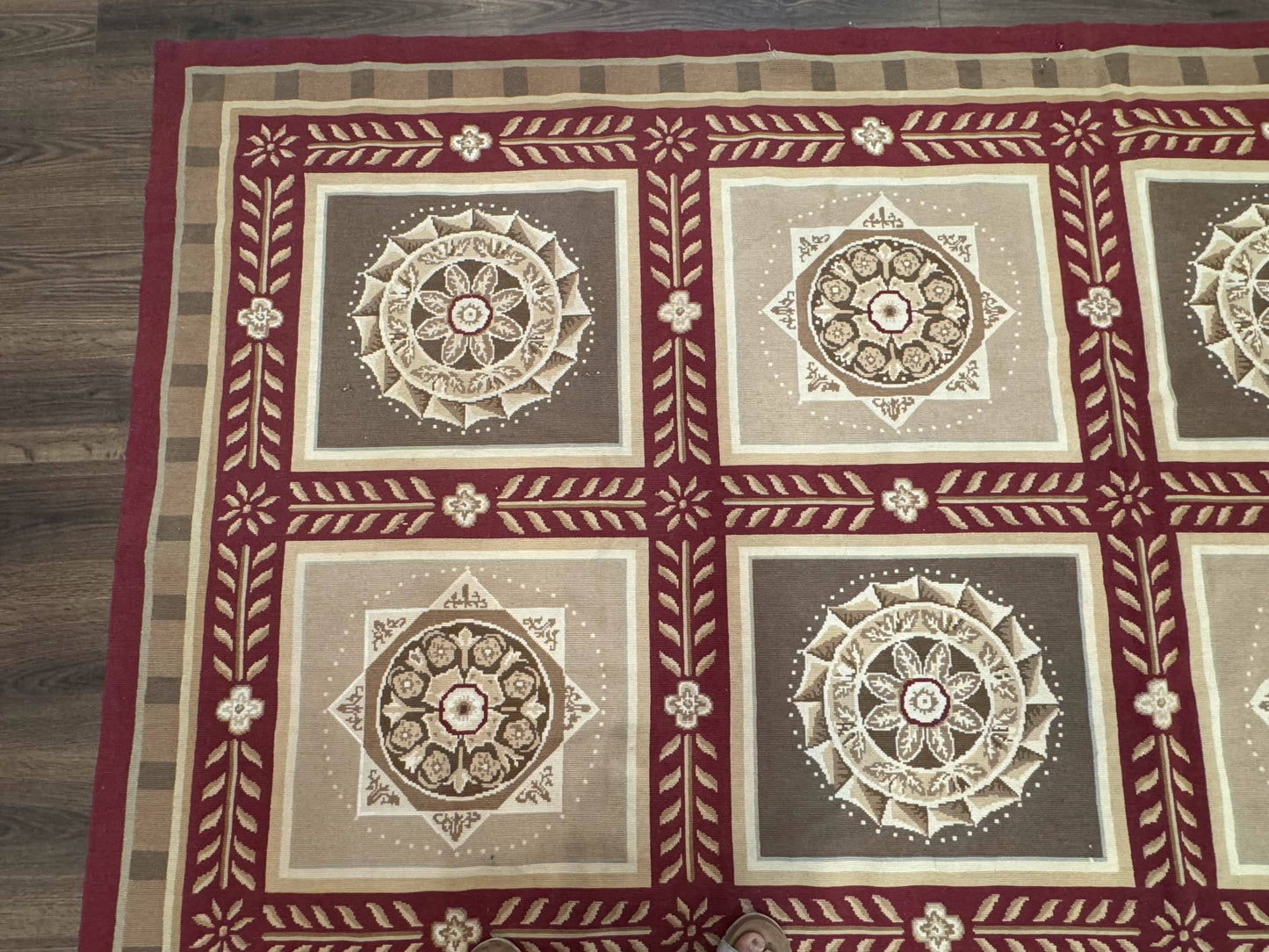 Needlepoint Rug 9x12, Panel Design, Burgundy Taupe, Elegant - Nuvé