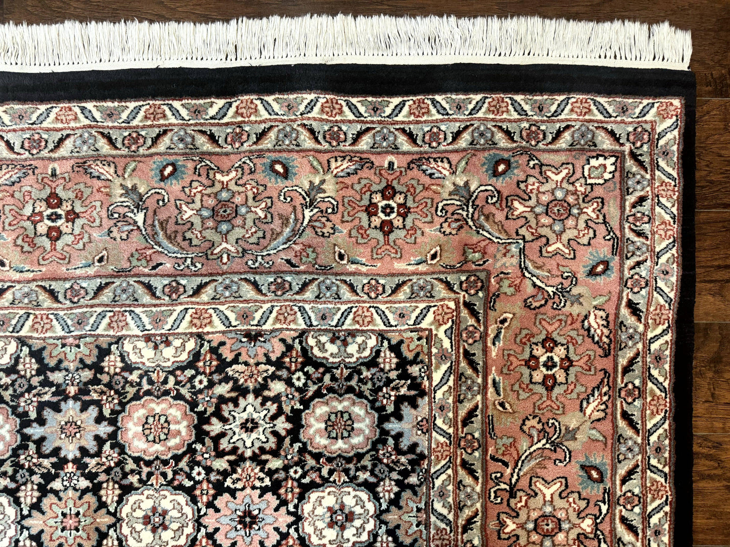 Indo Persian Rug 9x12, Vintage Handmade Wool Carpet, Repeated Allover Motif, Navy Blue and Pink - Nuvé