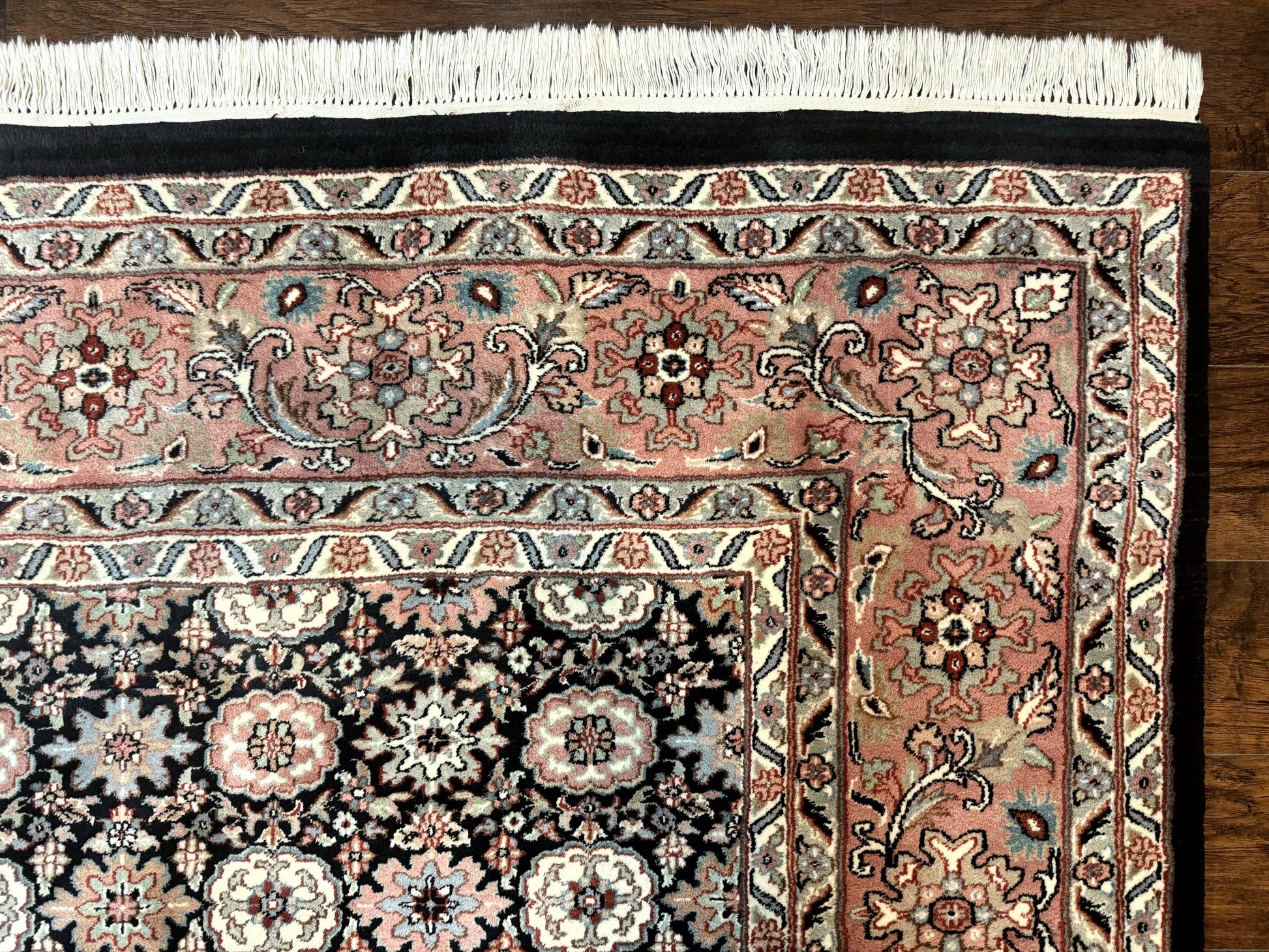 Indo Persian Rug 9x12, Vintage Handmade Wool Carpet, Repeated Allover Motif, Navy Blue and Pink - Nuvé