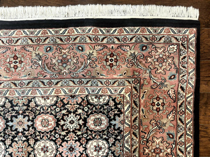 Indo Persian Rug 9x12, Vintage Handmade Wool Carpet, Repeated Allover Motif, Navy Blue and Pink - Nuvé