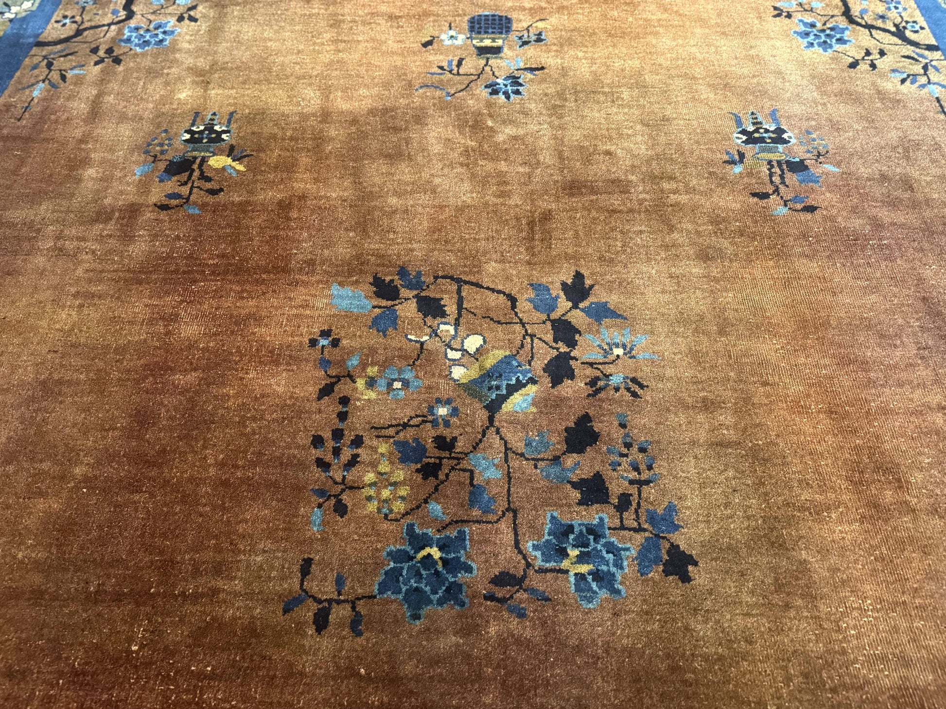 Antique Chinese Wool Rug 9x12, Light Brown and Navy Blue, Fete Peking Art Deco - Nuvé