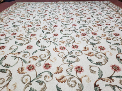 Needlepoint Rug 9x12, European Aubusson Design, Floral Allover Garden Pattern, New Needlepoint Area Rug, Ivory Rug, Hand Woven, Flatweave - Nuvé