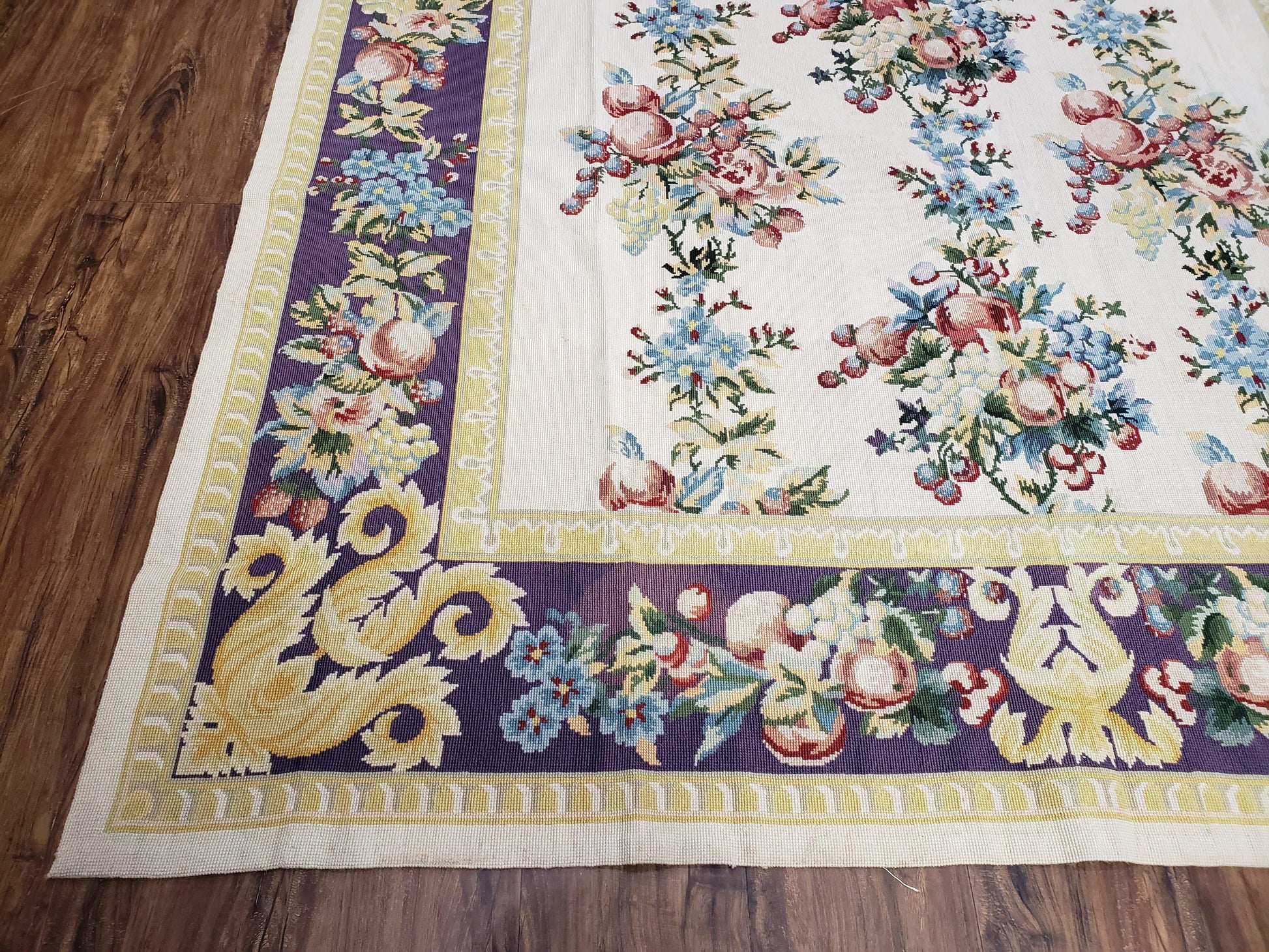 Vintage Chinese Floral Needlepoint Area Rug 6x9, Wool Hand-Woven Handmade Flatweave Rug, Ivory & Purple, Fruits Grapes Apples, Dining Room - Nuvé