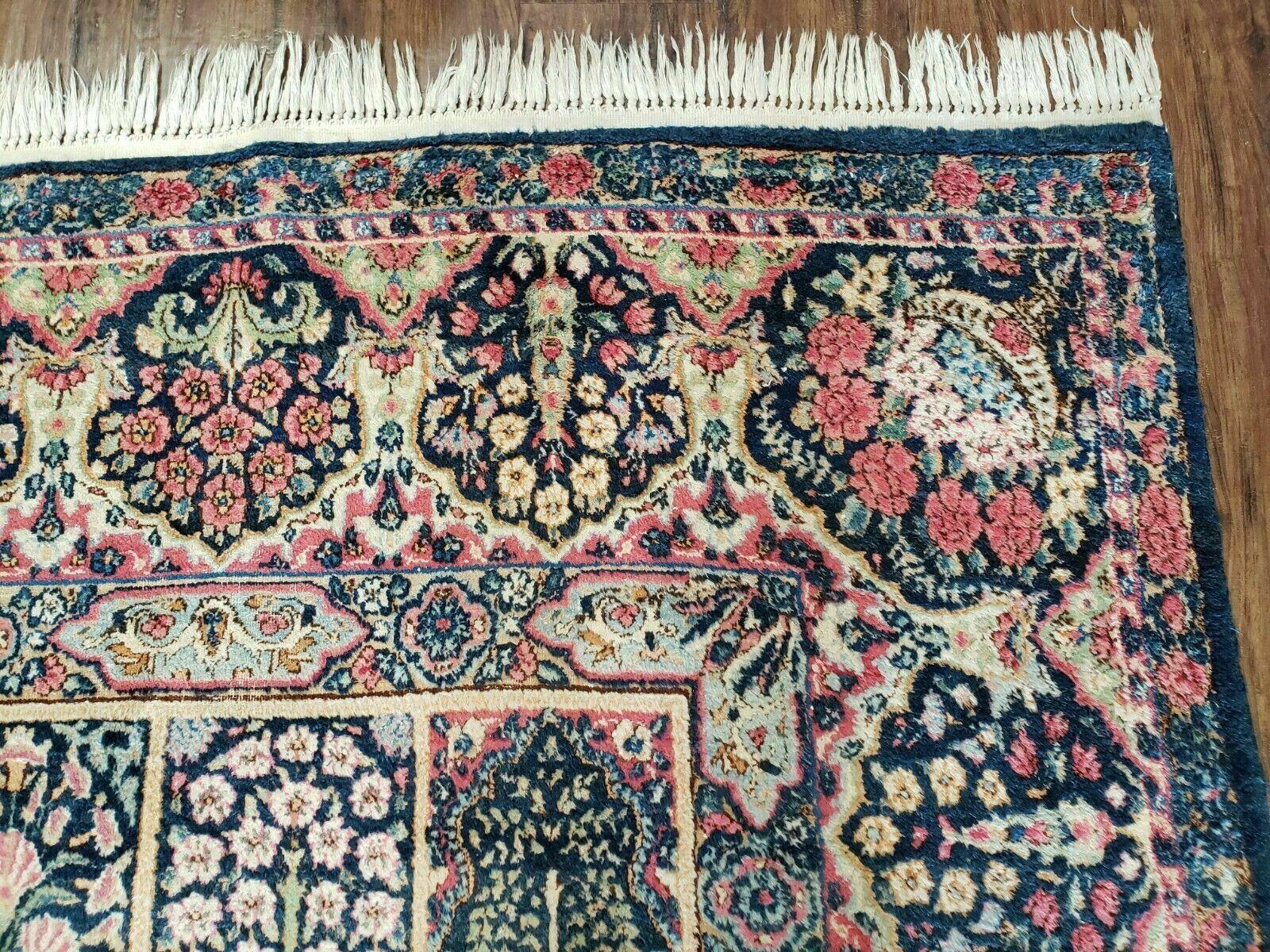 Persian Rug 10x15, Authentic Oriental Carpet 10 x 15, Wool Area Rug Panel Design Hand-Knotted Vintage Kirman Yazd Rug, Dark Blue and Beige,  Floral - Nuvé