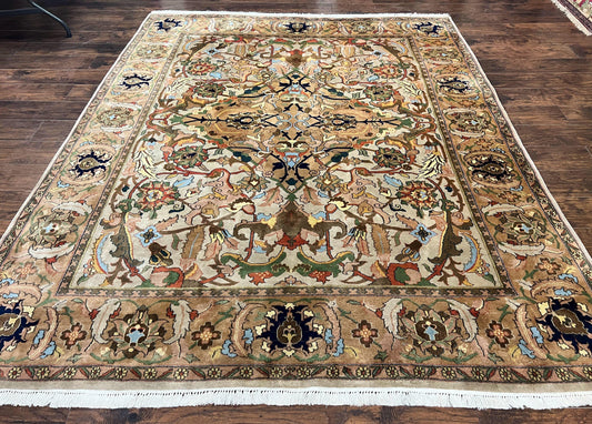 Indian Agra Rug 8x10, Wool Vintage Handmade Carpet, Gray Brown - Nuvé