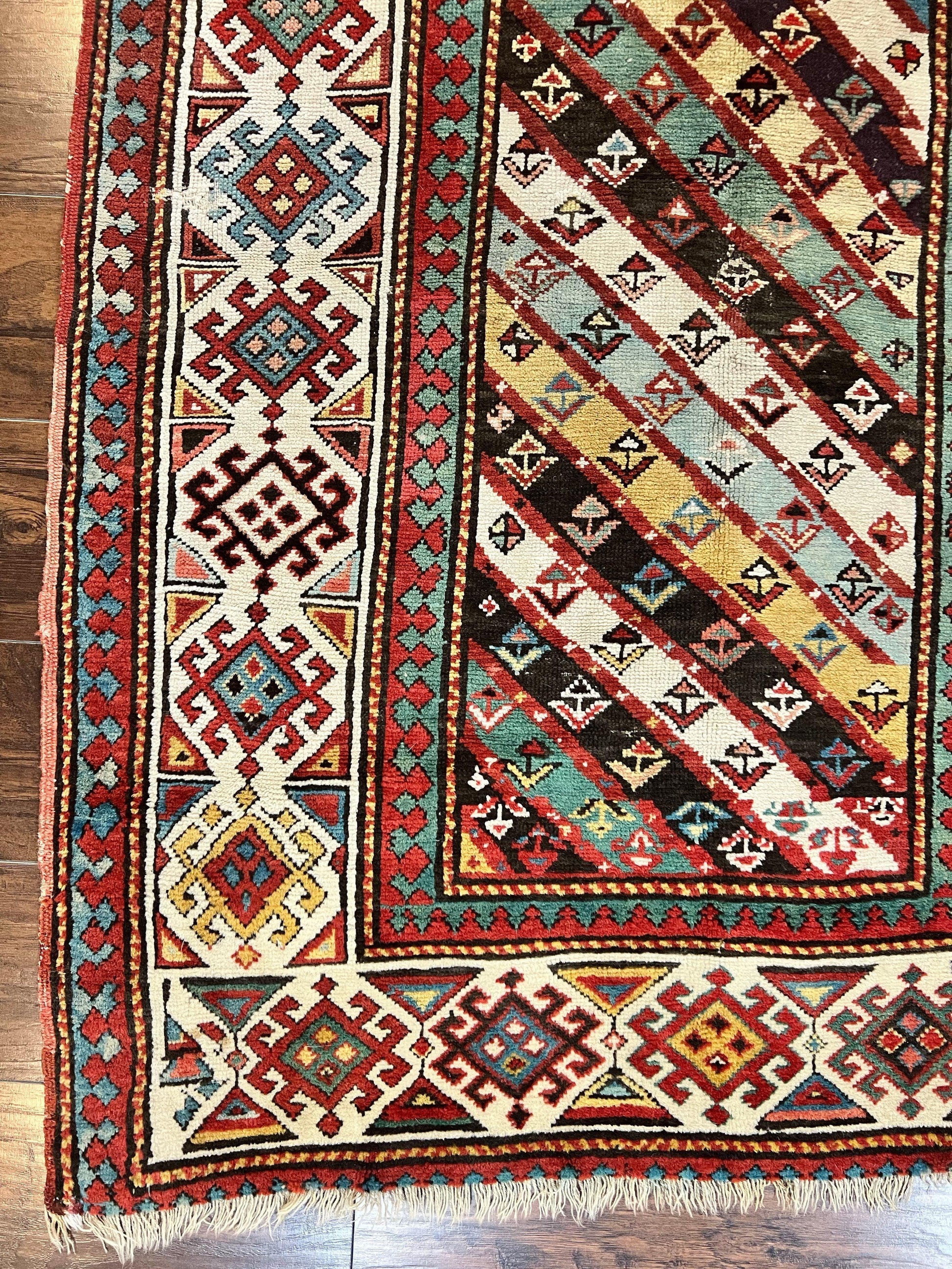Caucasian Kazak Runner Rug 3.6 x 8, Wool Hand Knotted Antique 1880s Carpet, Ivory & Multicolor Stripes Oriental Runner Rug, Hallway Rug - Nuvé