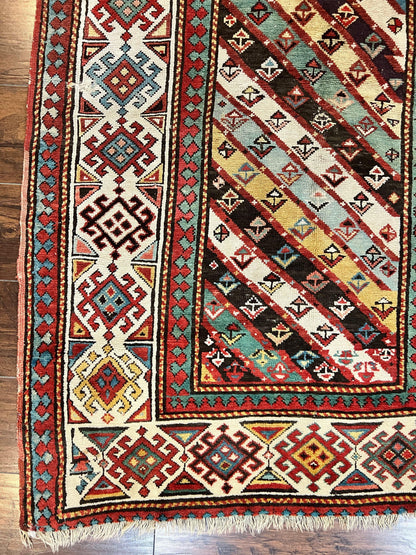 Caucasian Kazak Runner Rug 3.6 x 8, Wool Hand Knotted Antique 1880s Carpet, Ivory & Multicolor Stripes Oriental Runner Rug, Hallway Rug - Nuvé