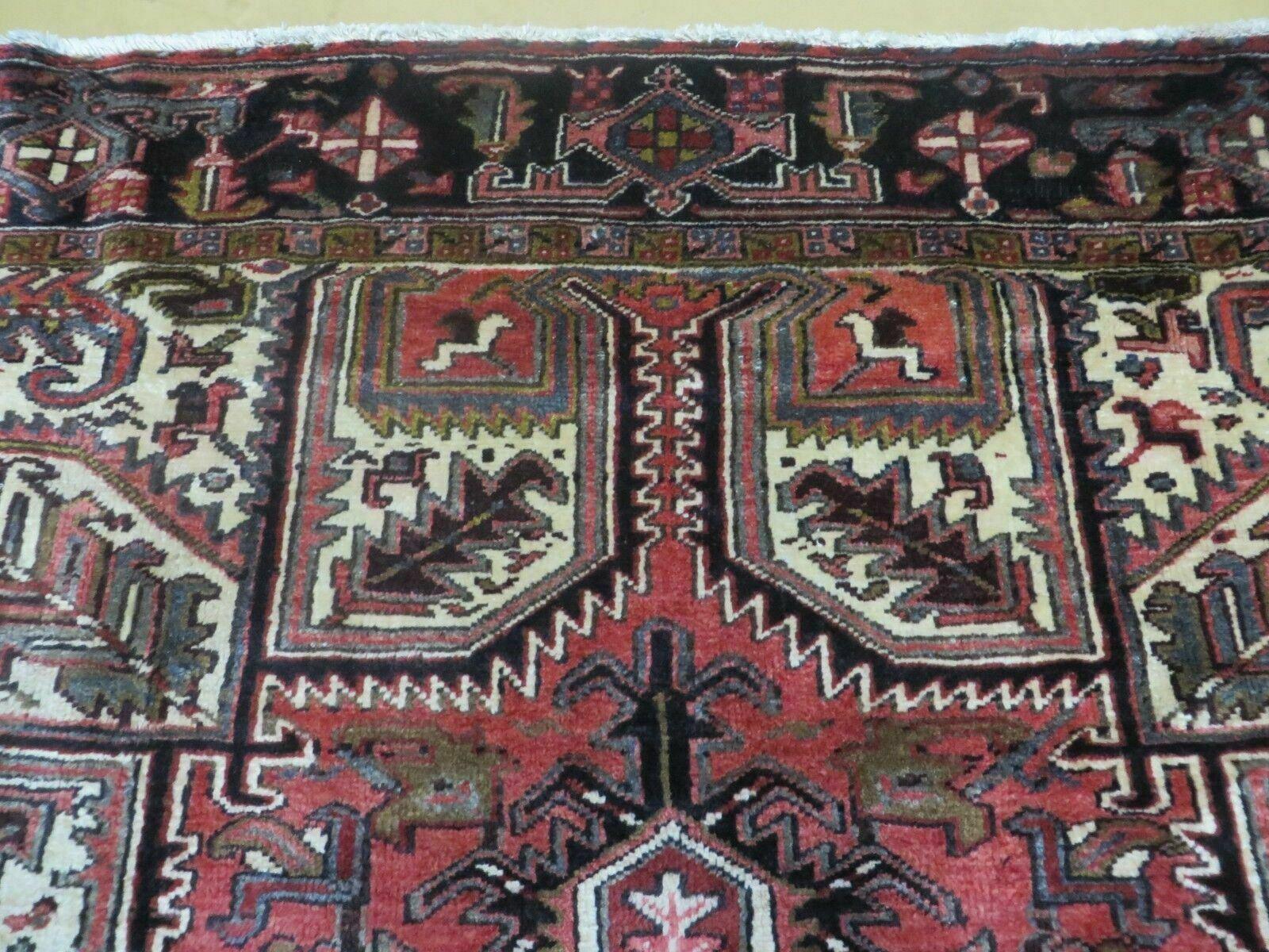 Persian Heriz Rug 8x12 Semi Antique Heriz Carpet, Room Sized Persian Carpet, Geometric Medallion, Wool, Hand Knotted, Red Ivory Dark Blue - Nuvé