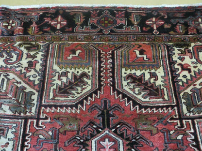 Persian Heriz Rug 8x12 Semi Antique Heriz Carpet, Room Sized Persian Carpet, Geometric Medallion, Wool, Hand Knotted, Red Ivory Dark Blue - Nuvé