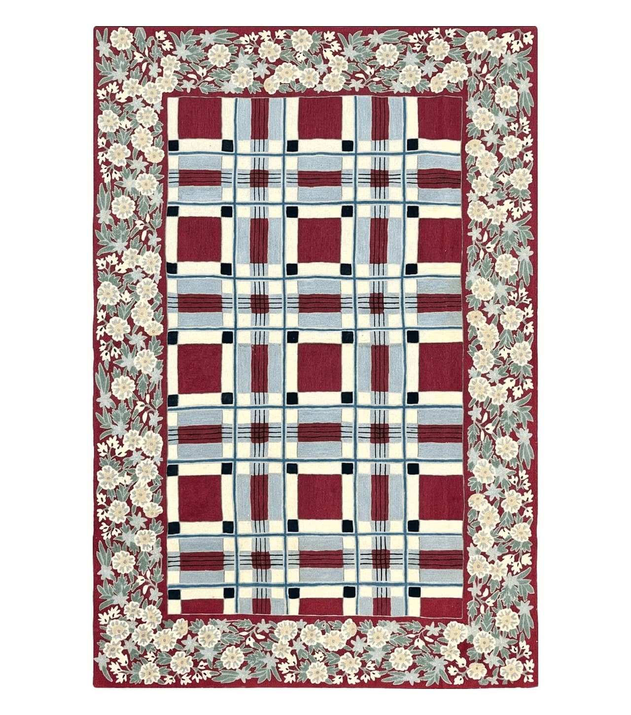 Indian Hand Stitched Rug 4x6, Vintage Carpet, Checkerboard Floral Pattern, Maroon Ivory, Flatweave, Wool